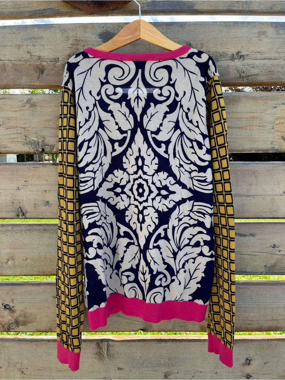 Boden 100% Wool Navy Cream Damask Cardigan with Pink Trim and Mustard Sleeves - Picture 2 of 4